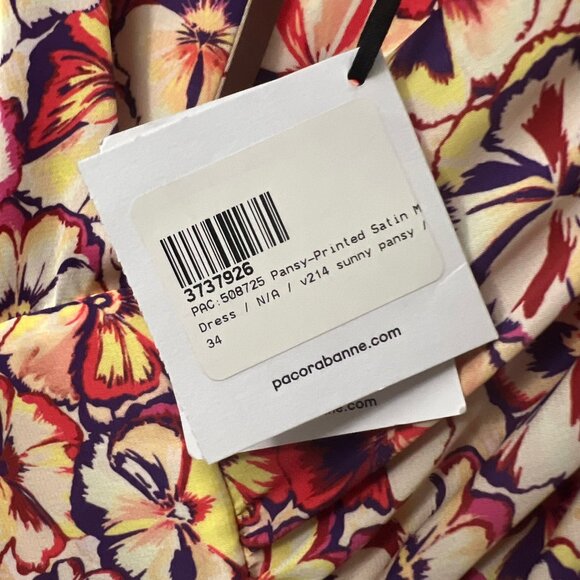 NEW Paco Rabanne Sunny Pansy Printed Satin Cape Sleeve Floral Dress Size 2 NWT - Picture 8 of 8